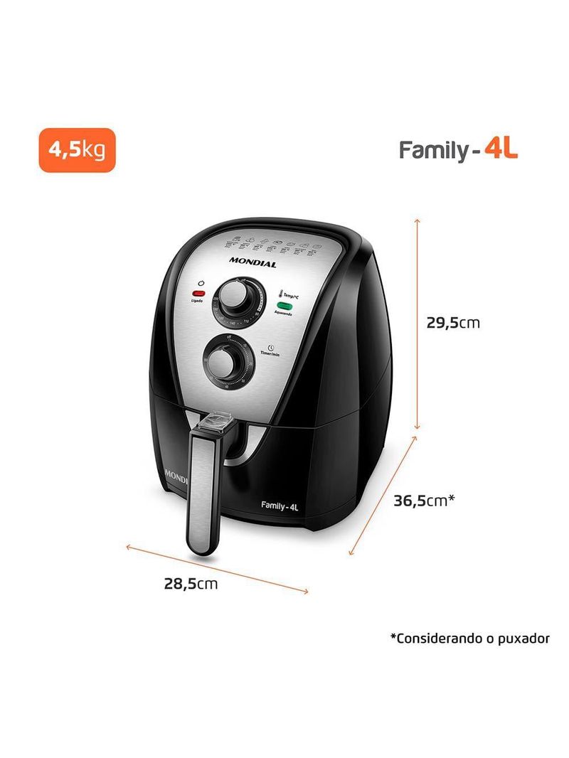 Fritadeira elétrica sem Óleo air fryer mondial afn40bi family inox 4l preta/inox