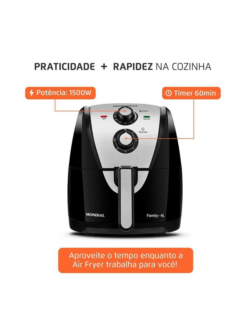Fritadeira elétrica sem Óleo air fryer mondial afn40bi family inox 4l preta/inox