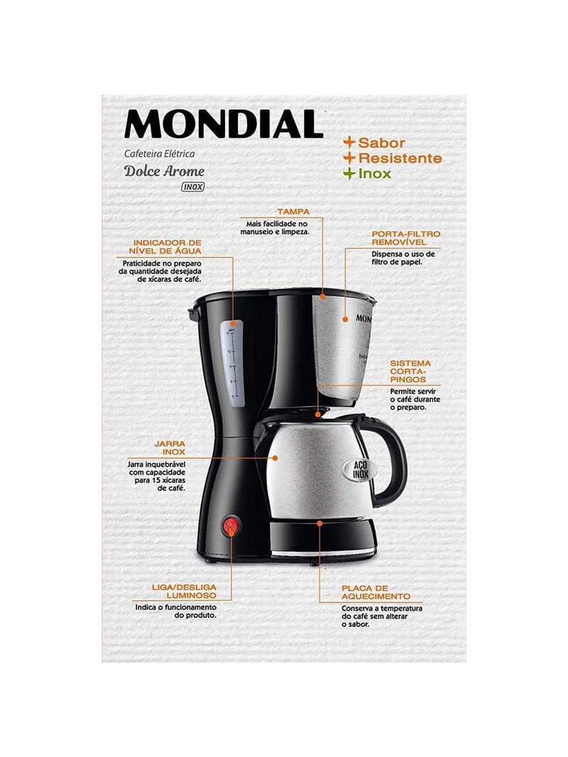 Cafeteira elétrica mondial dolce arome thermo inox c-34 15 xícaras – preta e inox