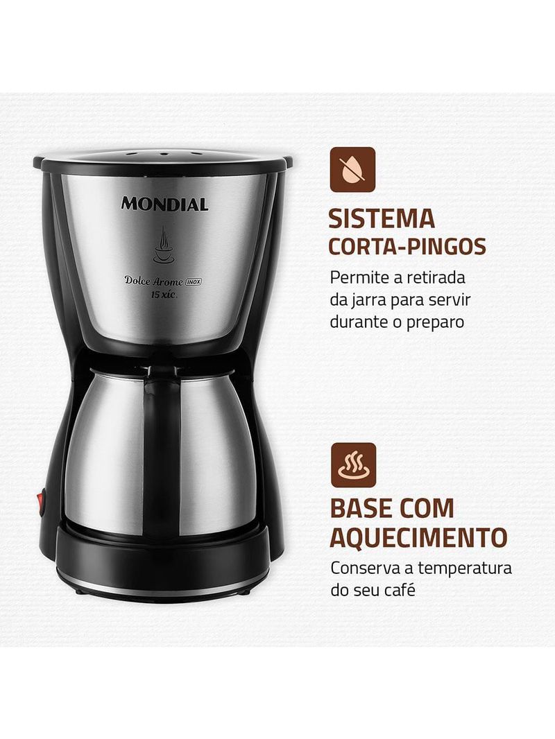 Cafeteira elétrica mondial dolce arome thermo inox c-34 15 xícaras – preta e inox