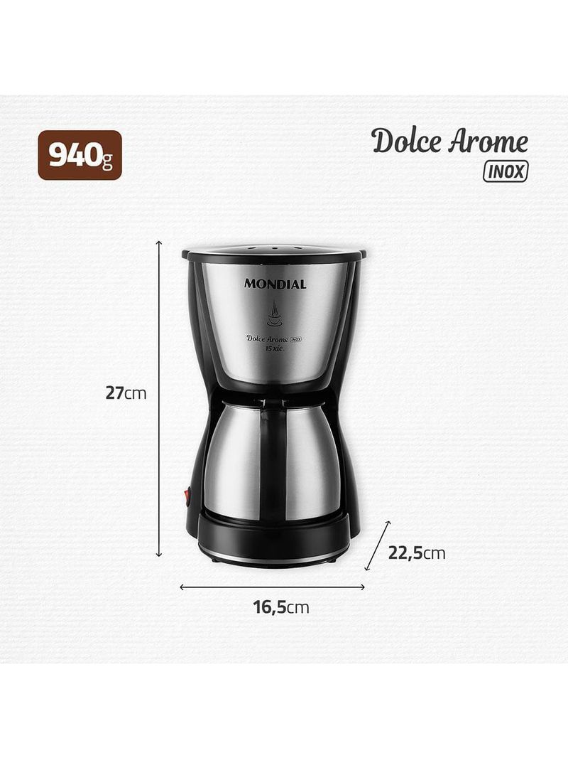 Cafeteira elétrica mondial dolce arome thermo inox c-34 15 xícaras – preta e inox