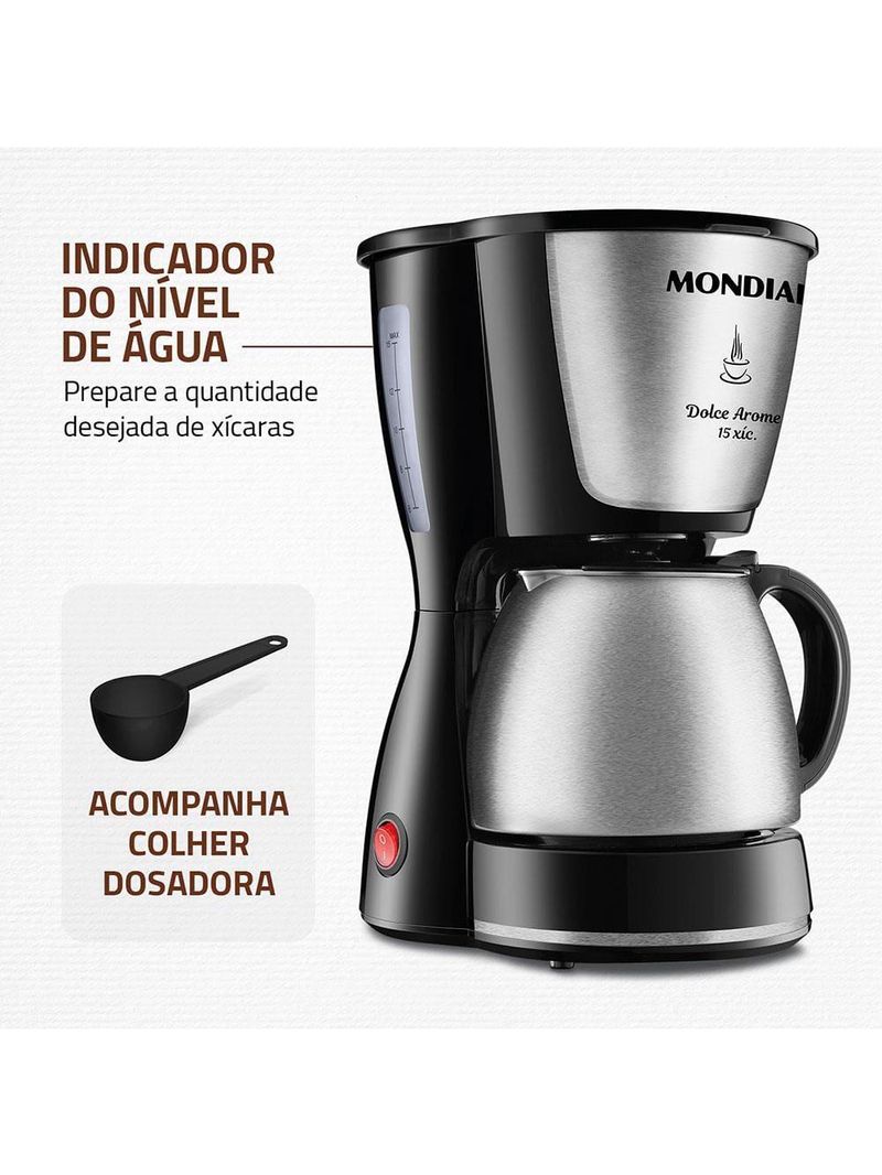 Cafeteira elétrica mondial dolce arome thermo inox c-34 15 xícaras – preta e inox