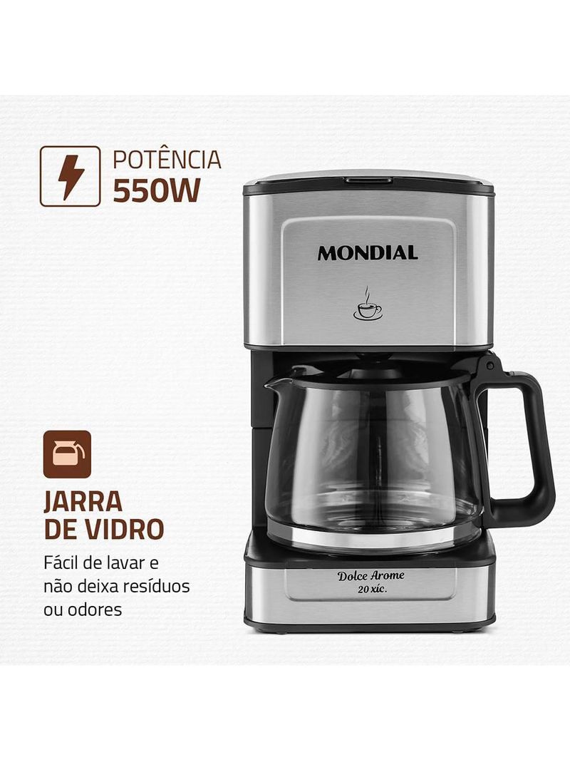Cafeteira elétrica mondial dolce arome vidro c-43-20x-si 20 xícaras 550w – preto/inox