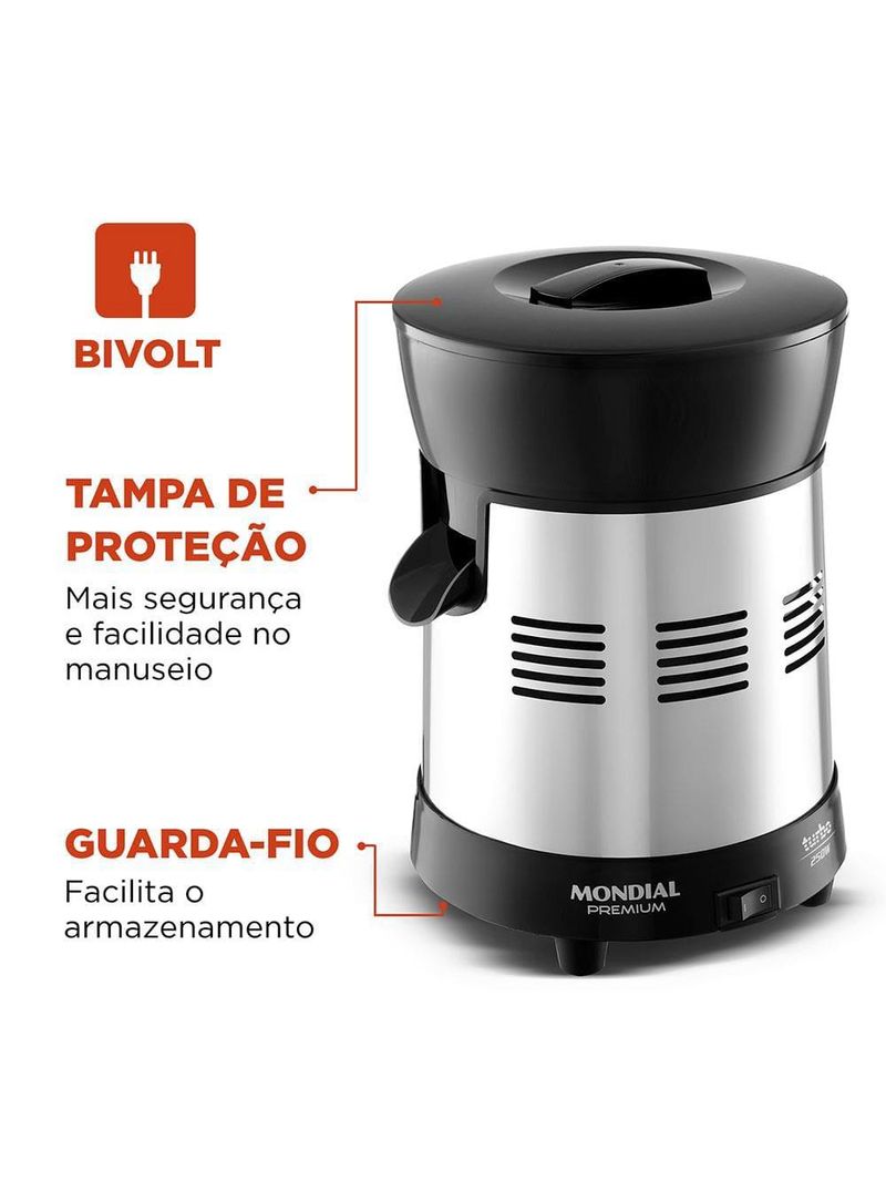 Extrator de frutas mondial turbo premium e-10 250w bivolt - preto