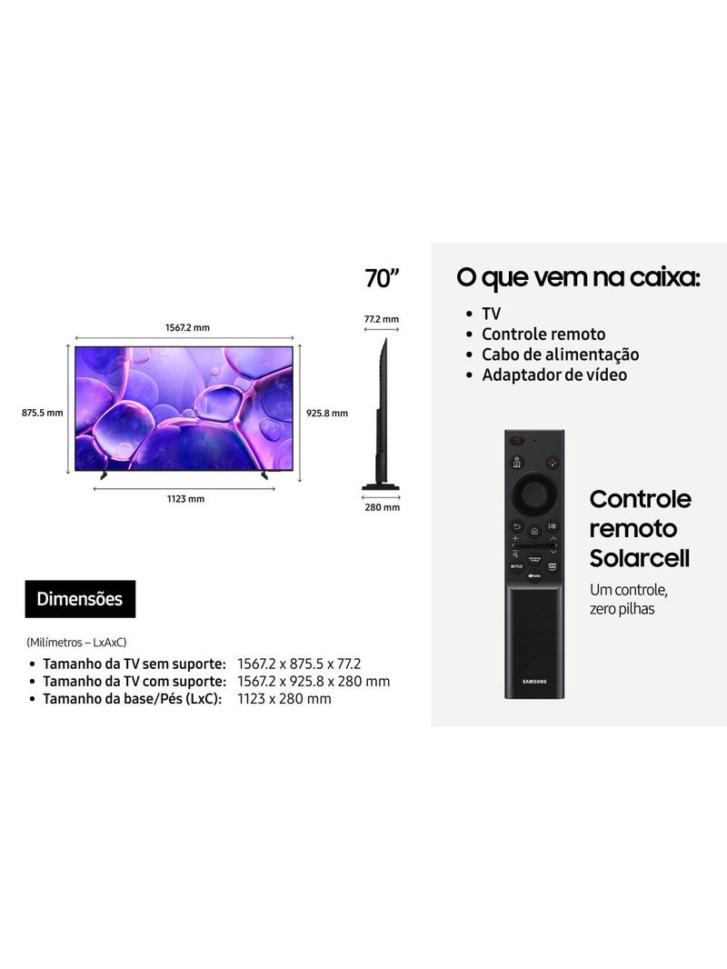 Smart tv 70" 4k uhd samsung un70u8500 crystal gaming hub