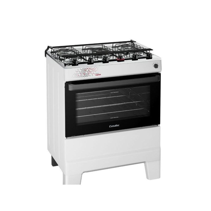 Fogão Esmaltec 5 Bocas Ideal Master Mesa Inox Tampa de Vidro Forno 84 Litros Branco T5ITB Bivolt