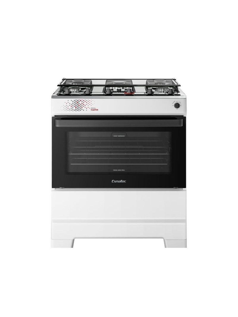 Fogão Esmaltec 5 Bocas Ideal Master Mesa Inox Tampa de Vidro Forno 84 Litros Branco T5ITB Bivolt