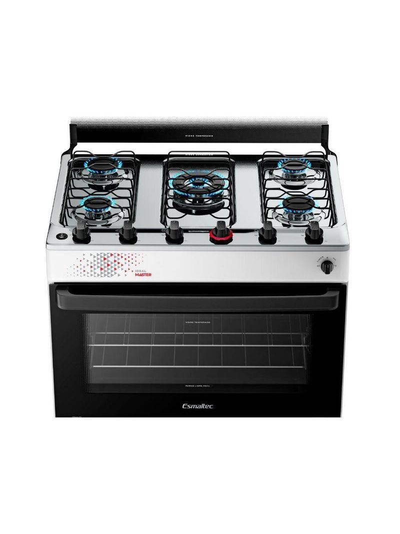 Fogão Esmaltec 5 Bocas Ideal Master Mesa Inox Tampa de Vidro Forno 84 Litros Branco T5ITB Bivolt