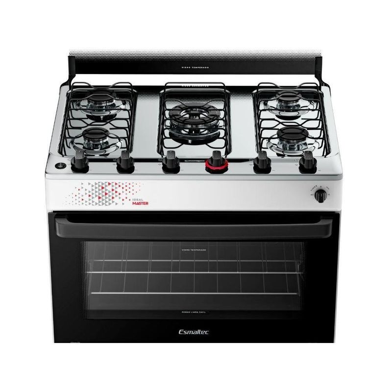 Fogão Esmaltec 5 Bocas Ideal Master Mesa Inox Tampa de Vidro Forno 84 Litros Branco T5ITB Bivolt