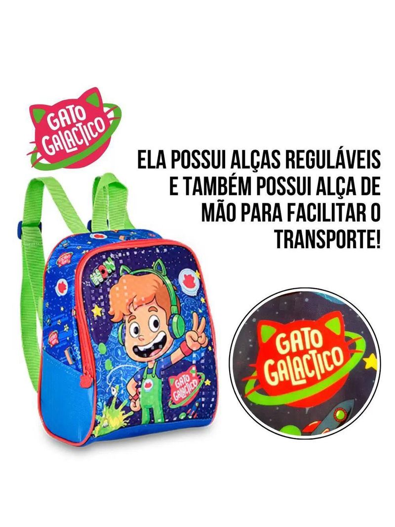 Lancheira Térmica Escolar Gato Galactico Azul E Verde