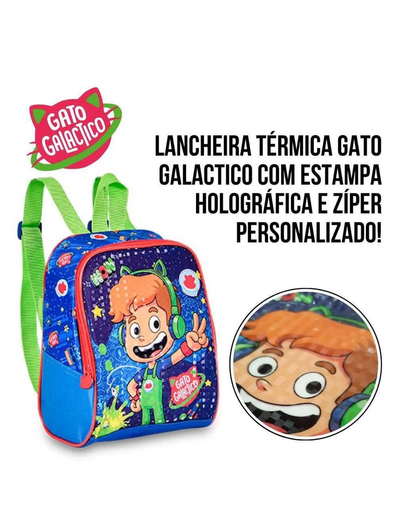 Lancheira Térmica Escolar Gato Galactico Azul E Verde