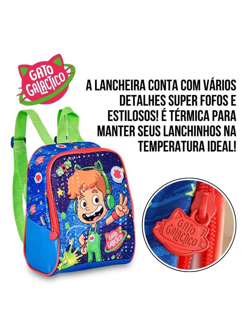Lancheira Térmica Escolar Gato Galactico Azul E Verde