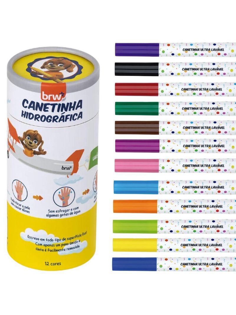 Canetinha Hidrográfica Ultra Lavável Tubo Com 12 Cores Brw