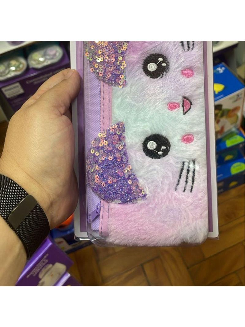 Estojo Escolar Miau Lilás Com Orelhas Gatinha Ff9022 - Fofy
