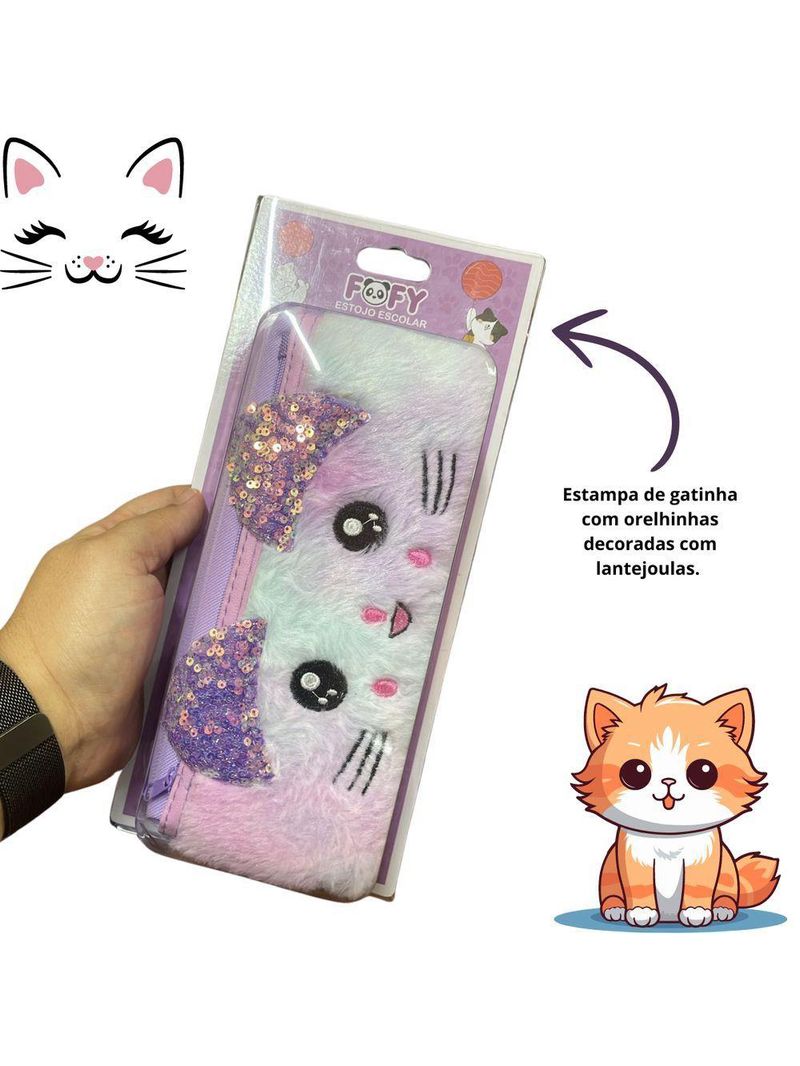 Estojo Escolar Miau Lilás Com Orelhas Gatinha Ff9022 - Fofy