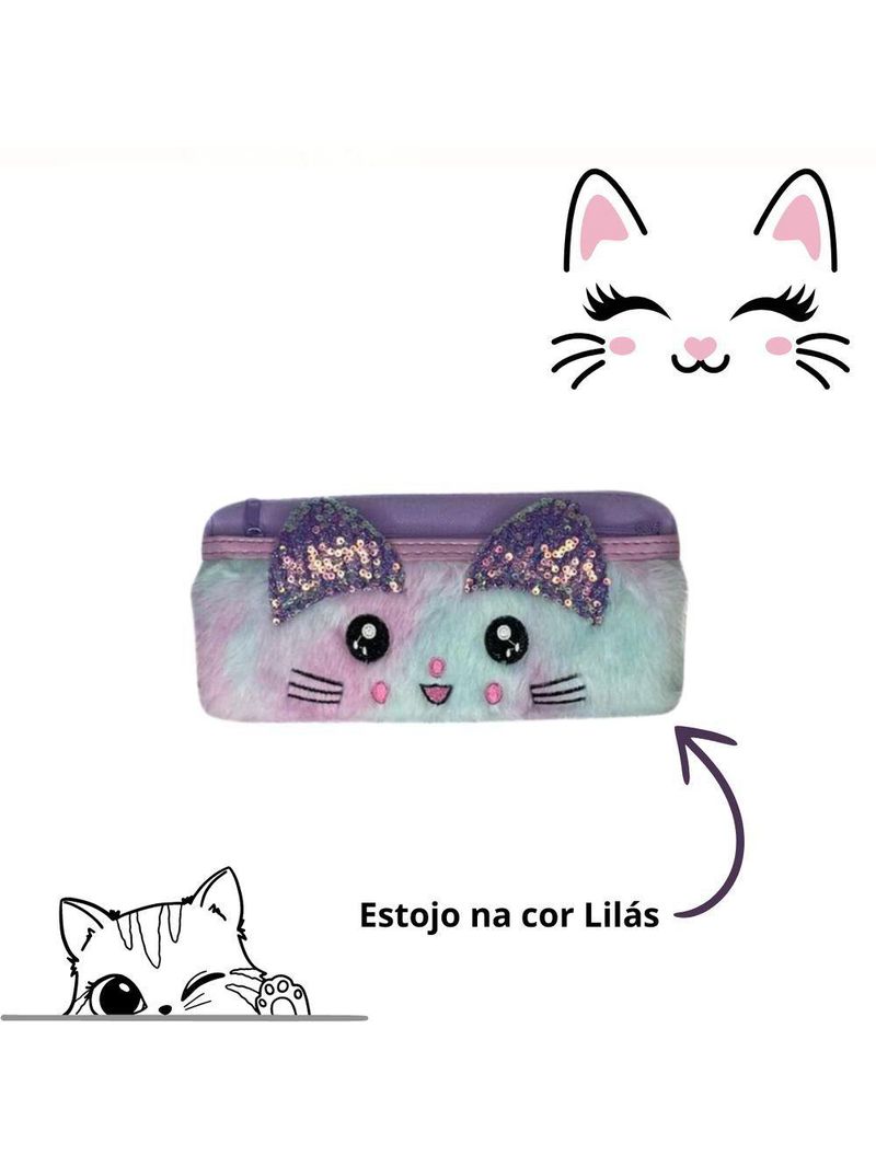 Estojo Escolar Miau Lilás Com Orelhas Gatinha Ff9022 - Fofy
