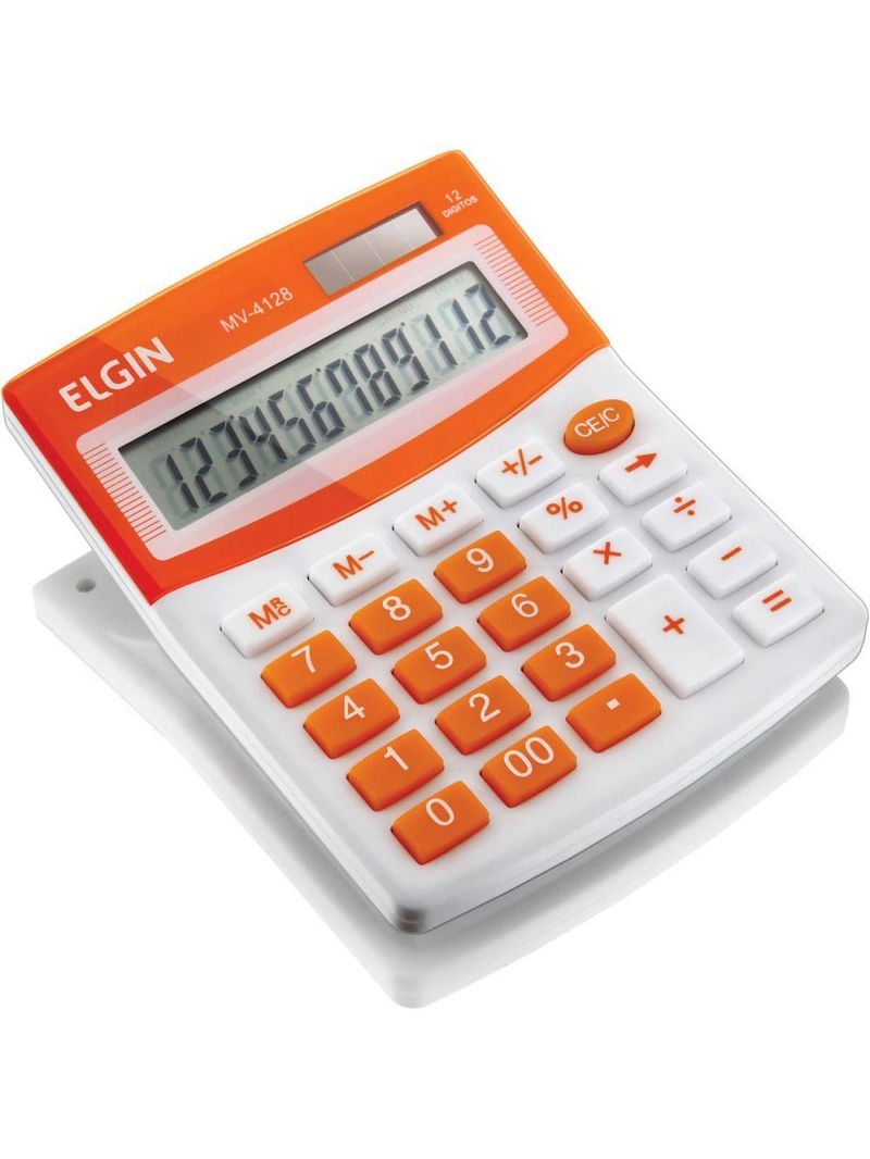 Calculadora De Mesa Visor - Alimentação Solar E Bateria - Blister Mv4128 Laranja