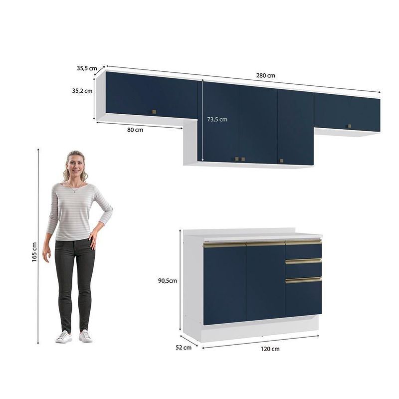 Armário De Cozinha Completa 100% Mdf 280cm Branco/azul Profundo Celeste Kappesberg