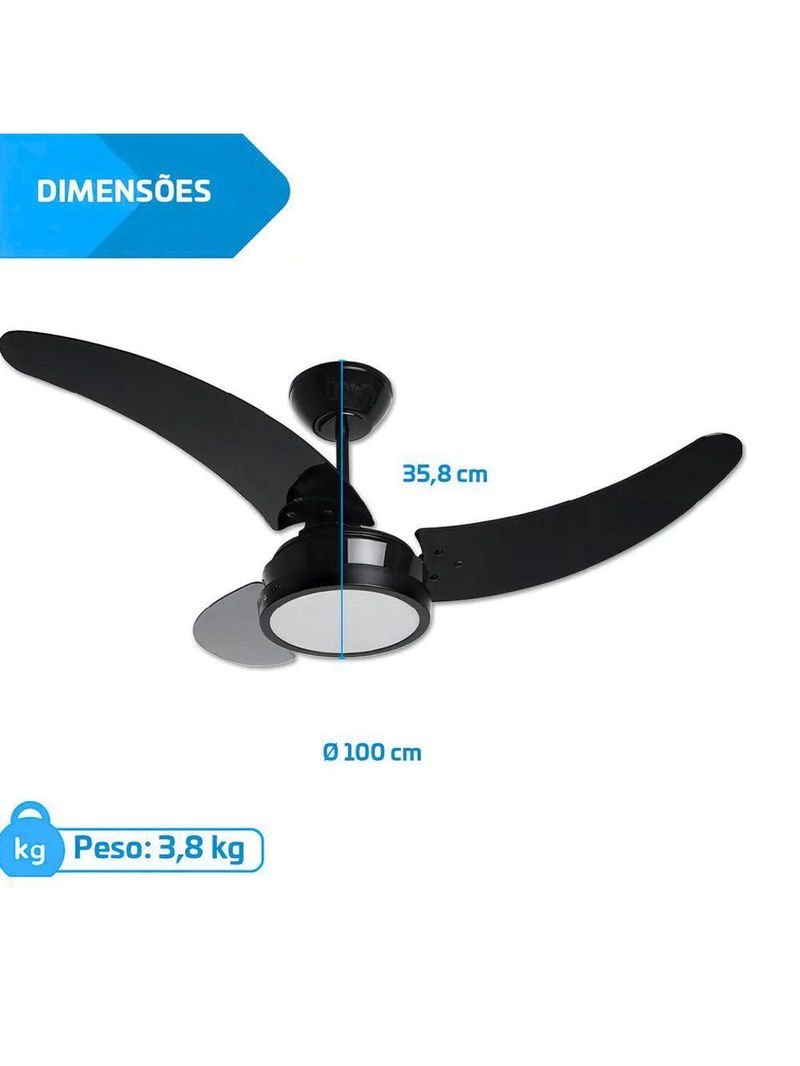 Ventilador De Teto Led 3 Pás Tron Búzios Max Preto 110V