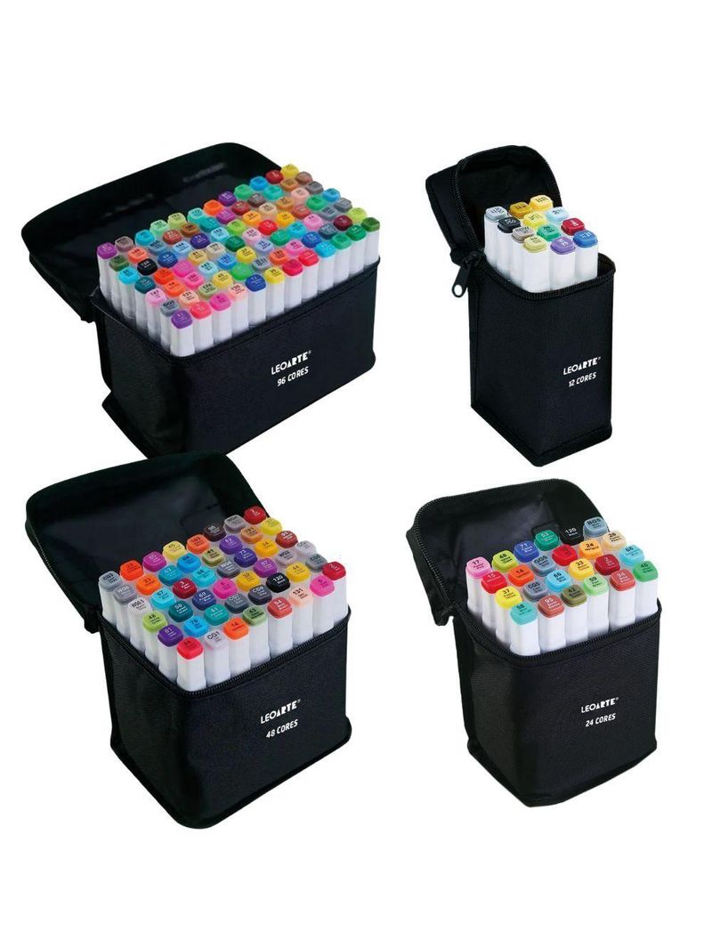 Kit Marcador Artístico Duas Pontas Com Estojo Zíper Leonora 24 Cores