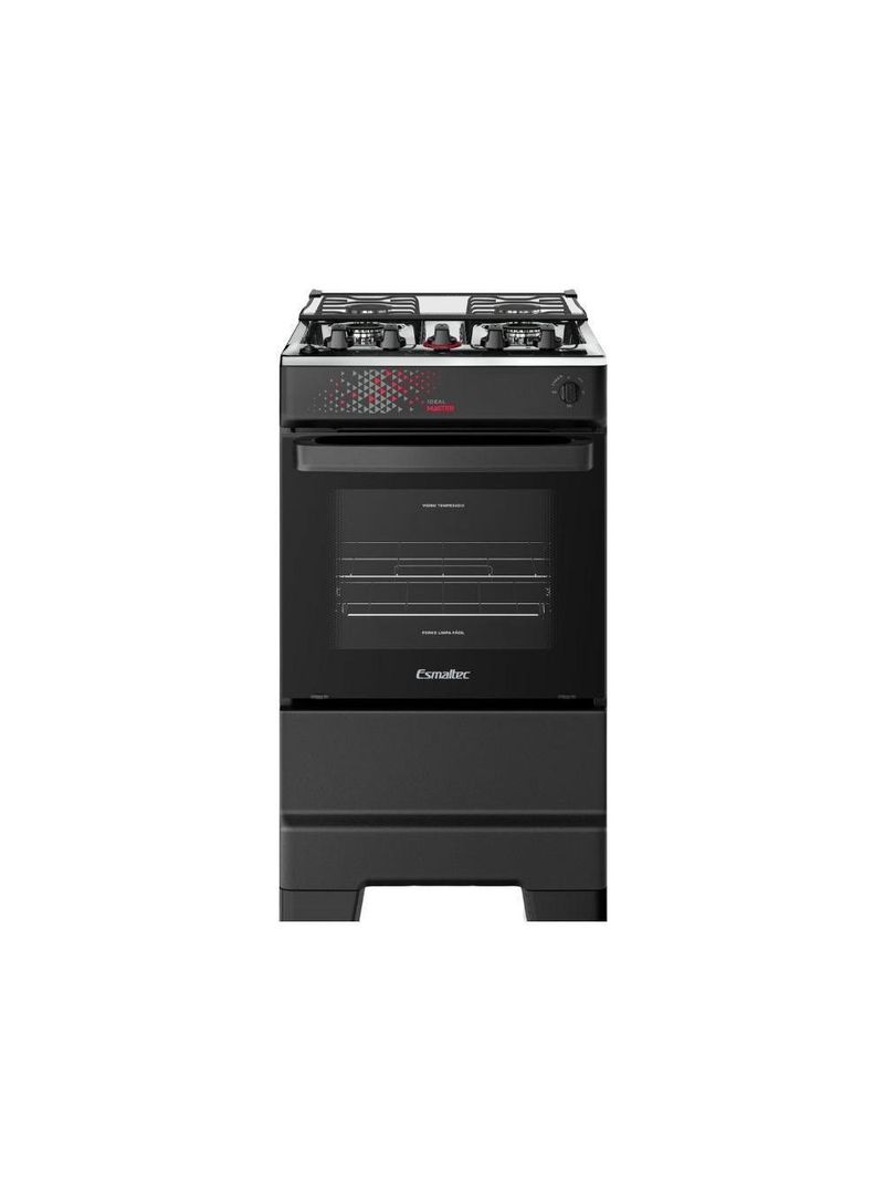 Fogão Esmaltec 4 Bocas Ideal Master Mesa Inox Tampa de Vidro Forno 50 Litros Preto T4ITP Bivolt