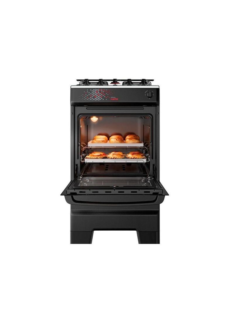 Fogão Esmaltec 4 Bocas Ideal Master Mesa Inox Tampa de Vidro Forno 50 Litros Preto T4ITP Bivolt