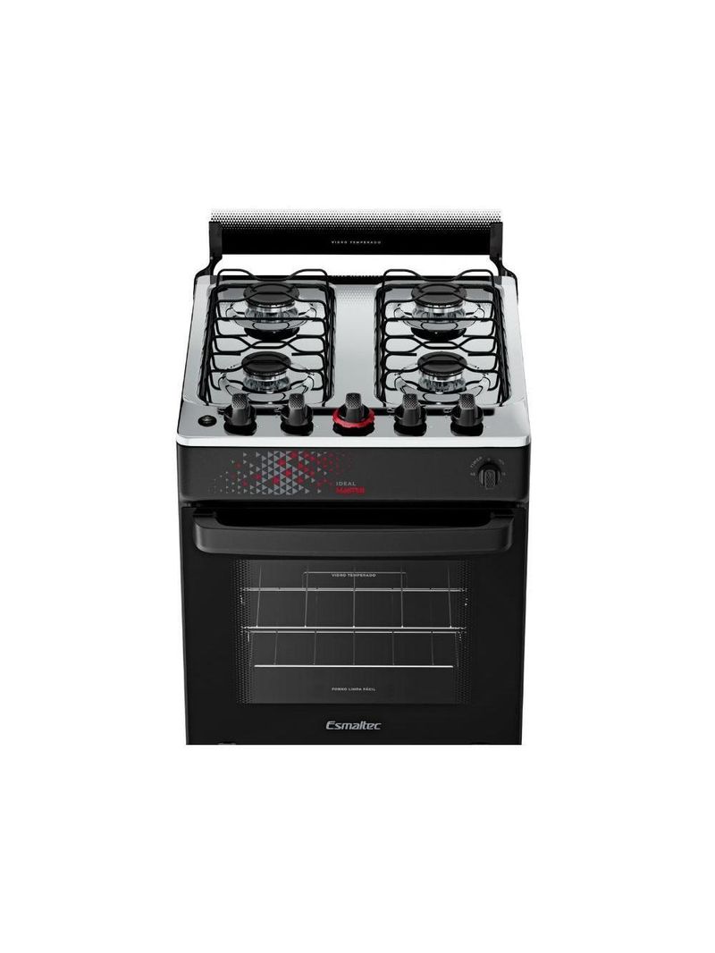 Fogão Esmaltec 4 Bocas Ideal Master Mesa Inox Tampa de Vidro Forno 50 Litros Preto T4ITP Bivolt