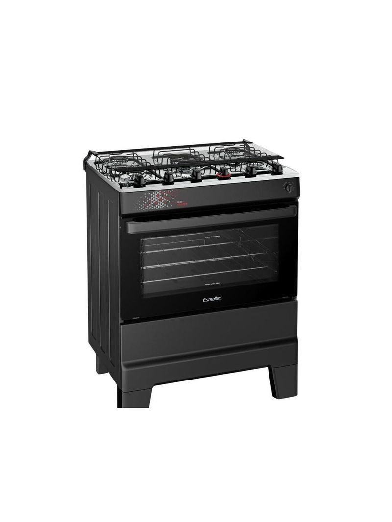 Fogão Esmaltec 5 Bocas Ideal Master Mesa Inox Tampa de Vidro Forno 84 Litros Preto T5ITP Bivolt