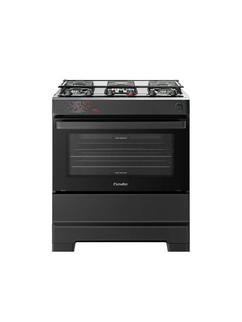 Fogão Esmaltec 5 Bocas Ideal Master Mesa Inox Tampa de Vidro Forno 84 Litros Preto T5ITP Bivolt