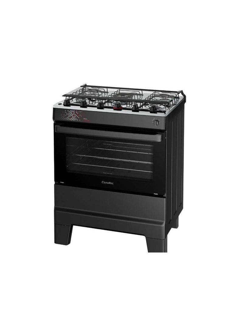 Fogão Esmaltec 5 Bocas Ideal Master Mesa Inox Tampa de Vidro Forno 84 Litros Preto T5ITP Bivolt