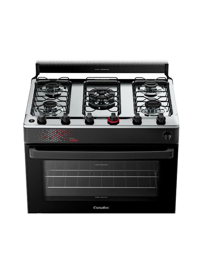 Fogão Esmaltec 5 Bocas Ideal Master Mesa Inox Tampa de Vidro Forno 84 Litros Preto T5ITP Bivolt