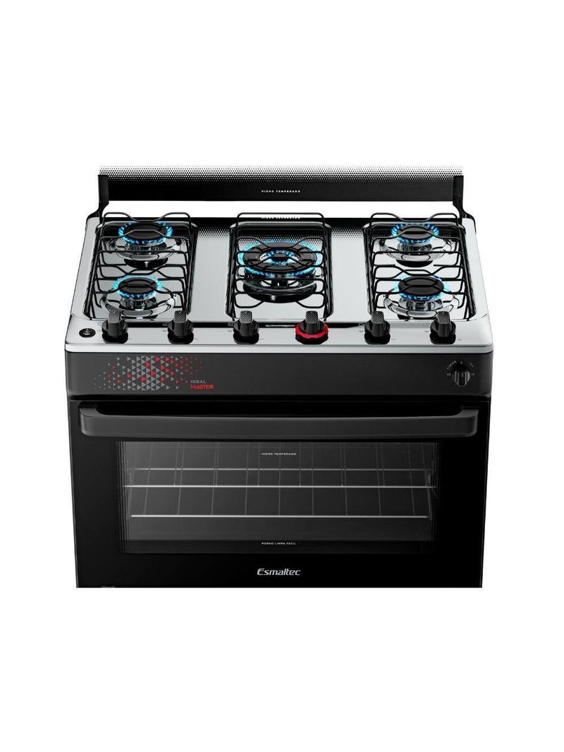 Fogão Esmaltec 5 Bocas Ideal Master Mesa Inox Tampa de Vidro Forno 84 Litros Preto T5ITP Bivolt