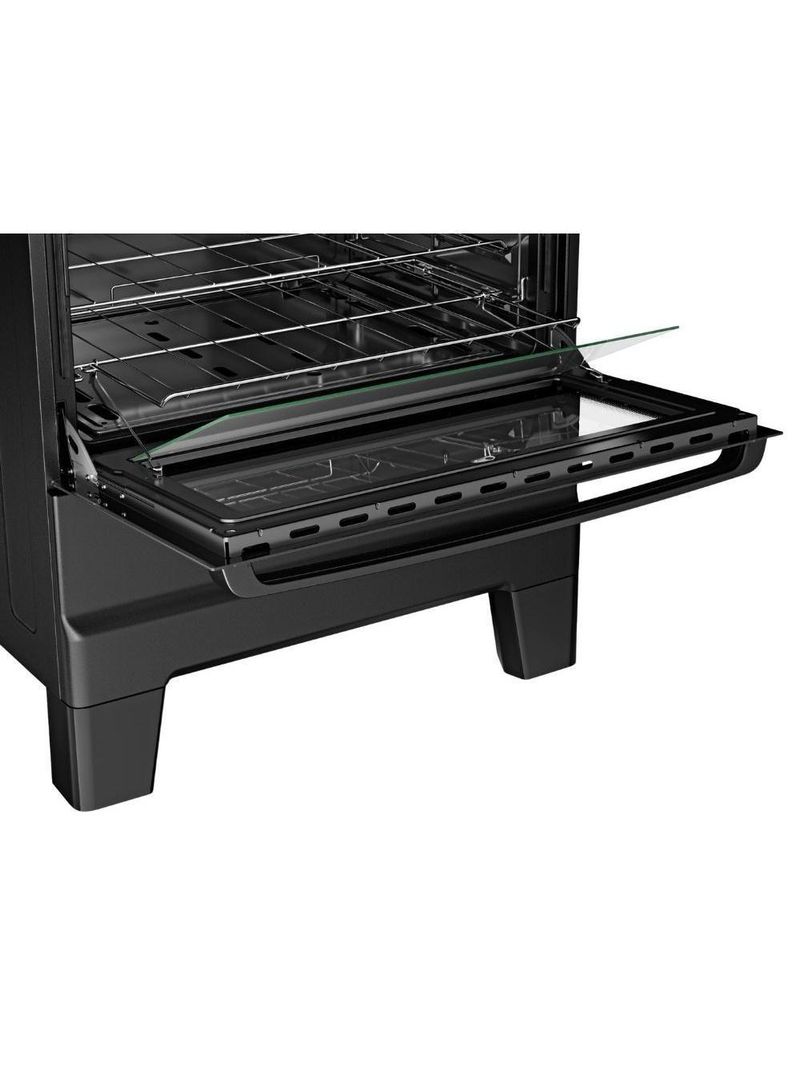 Fogão Esmaltec 5 Bocas Ideal Master Mesa Inox Tampa de Vidro Forno 84 Litros Preto T5ITP Bivolt