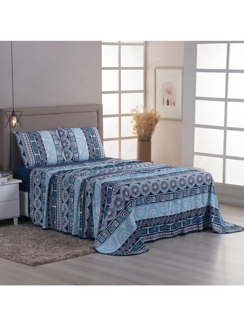 Jogo cama lençol sonnet queen malha estampada 100% algodão 4 peças - geométrico - azul marinho