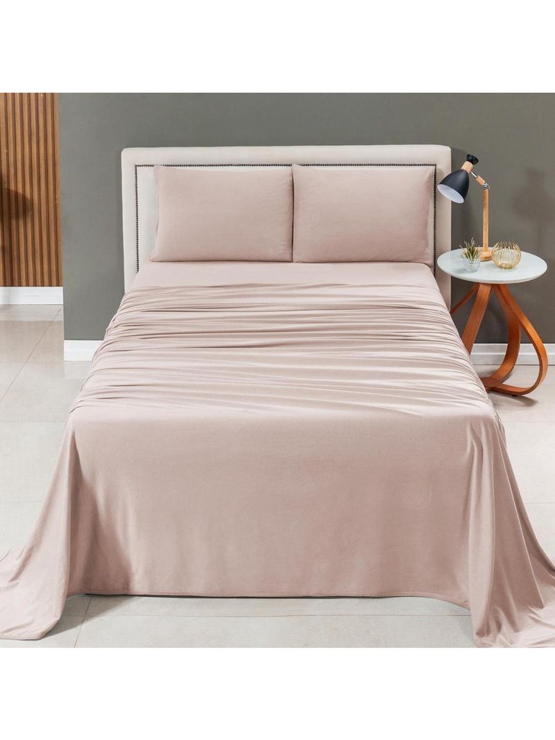 Jogo cama lençol sonnet king malha lisa 100% algodão macio 4 peças - avelã