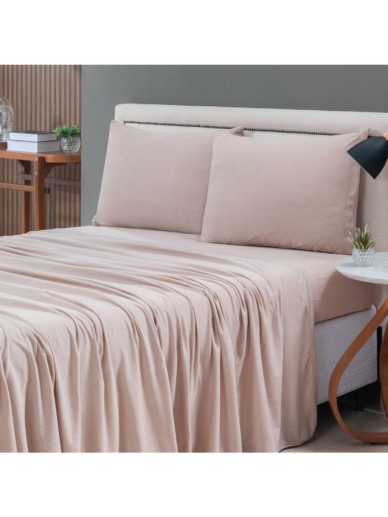 Jogo cama lençol sonnet king malha lisa 100% algodão macio 4 peças - avelã