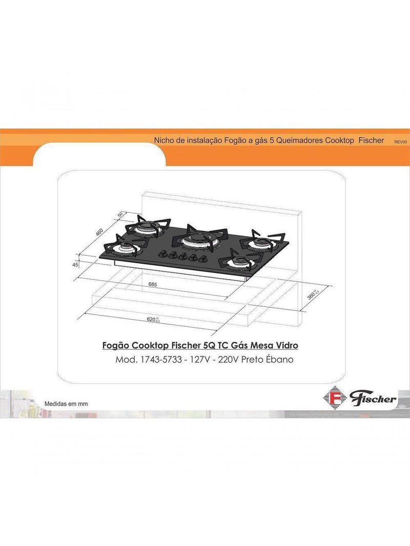 Fogão Cooktop Fischer 5 Bocas Tripla Chama Vermelho Rouge 1743-15738 Bivolt