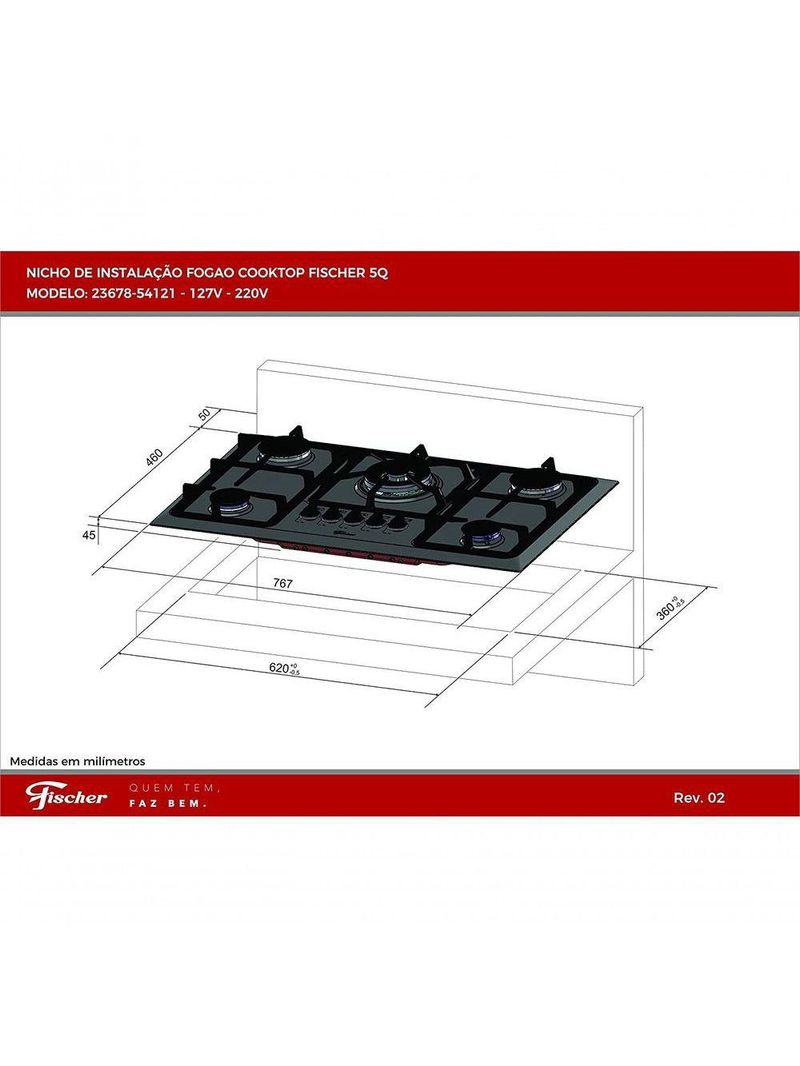 Fogão Cooktop Fischer 5 Bocas Tripla Chama - Mesa Inox 23678-54121 Bivolt
