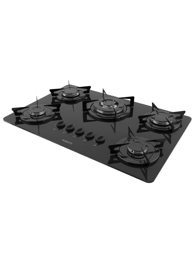 Fogão Cooktop 5 Bocas Tripla Chama Mesa Em Vidro Preto Fogatti Esmaltado 27000501-02 Bivolt