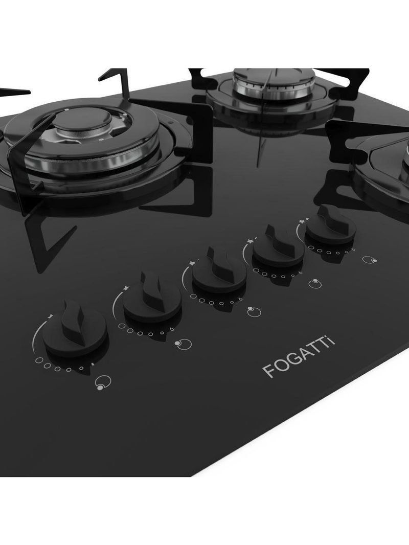 Fogão Cooktop 5 Bocas Tripla Chama Mesa Em Vidro Preto Fogatti Esmaltado 27000501-02 Bivolt