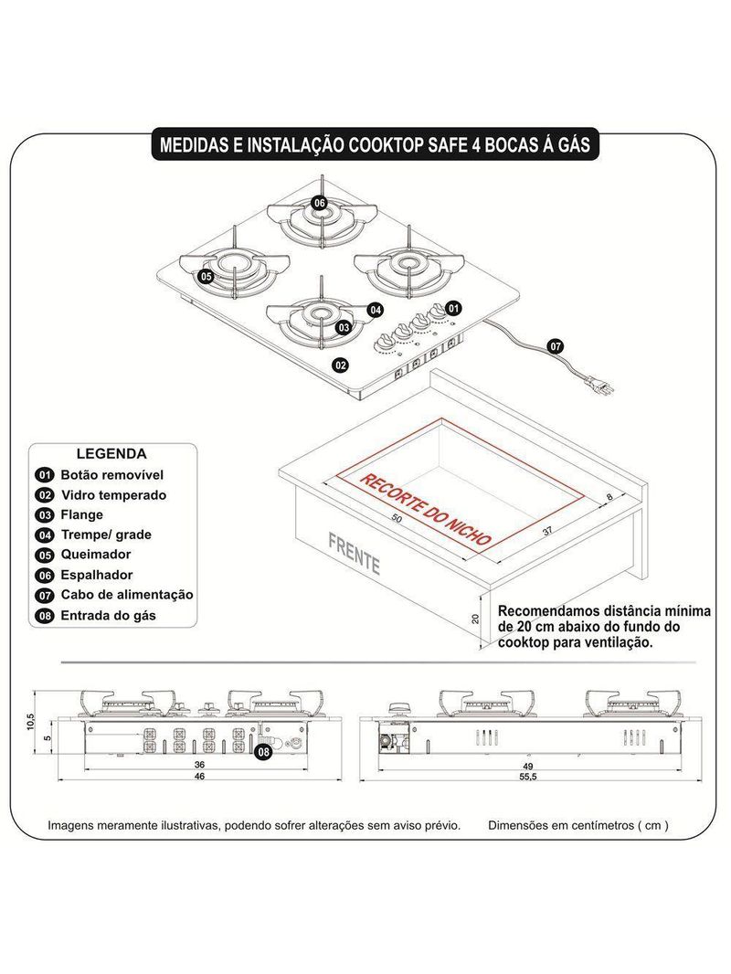 Fogão Cooktop 4 Bocas Mesa Em Vidro Safe Ferro Fundido Fogatti Bivolt