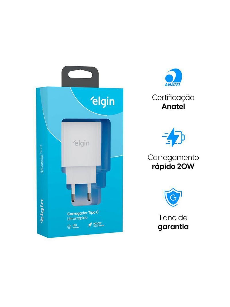 Carregador De Tomada 20W 2 Saídas Tipo C