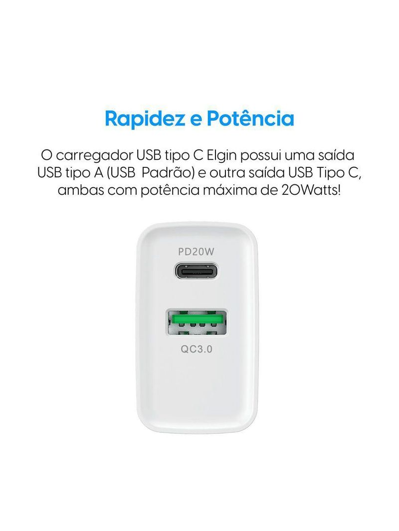 Carregador De Tomada 20W 2 Saídas Tipo C