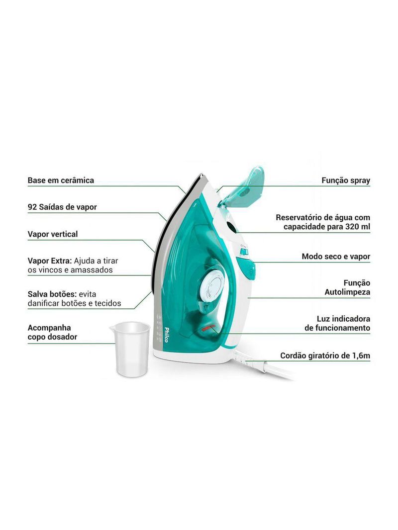 Ferro de Passar a Vapor Philco 320ml Base Cerâmica PFV71 110V