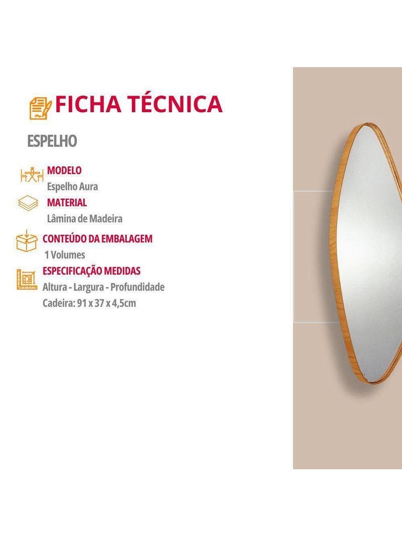 Espelho Decorativo Orgânico Aura 37x91cm Moderna Mobília Cinamomo Imbuia Nat