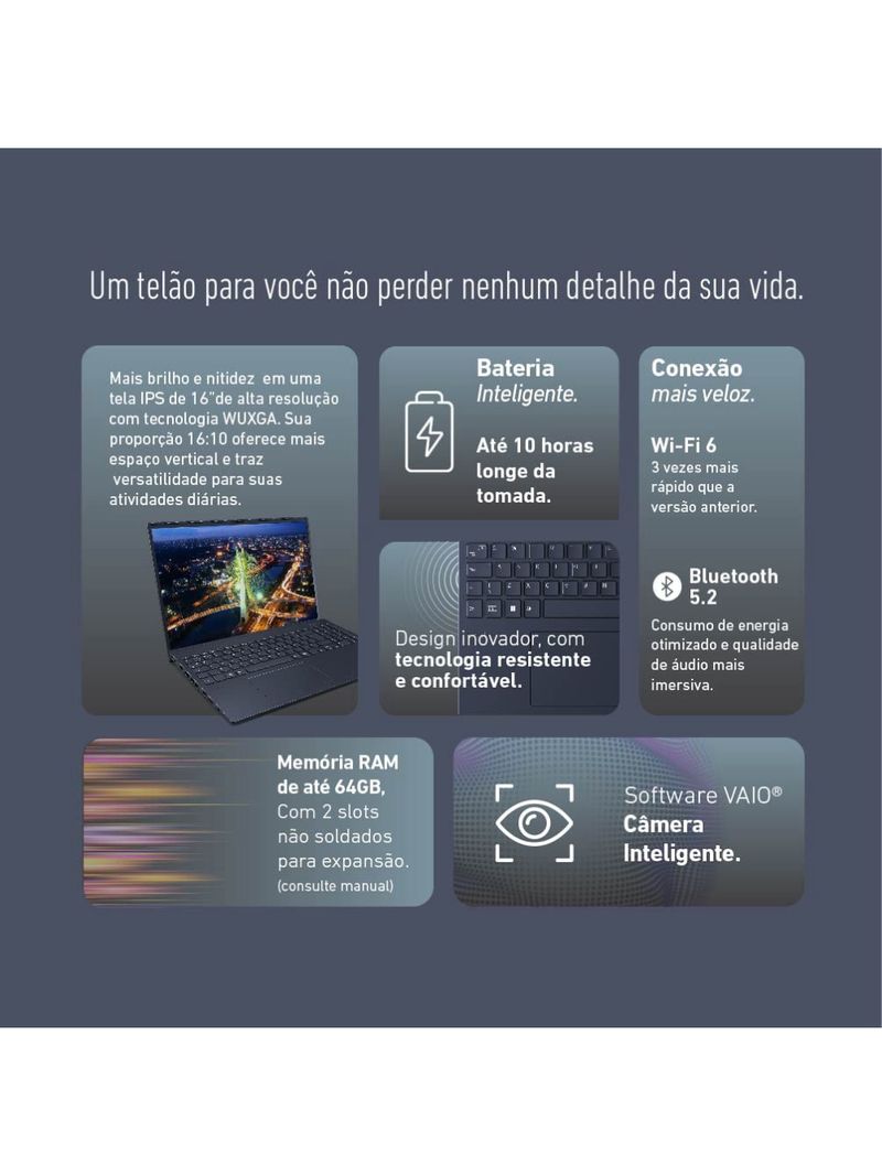 Notebook VAIO FE16 AMD® Ryzen 7-5825U Linux 8GB RAM 256GB SSD 16" IPS WUXGA Antirreflexo - Cinza Grafite