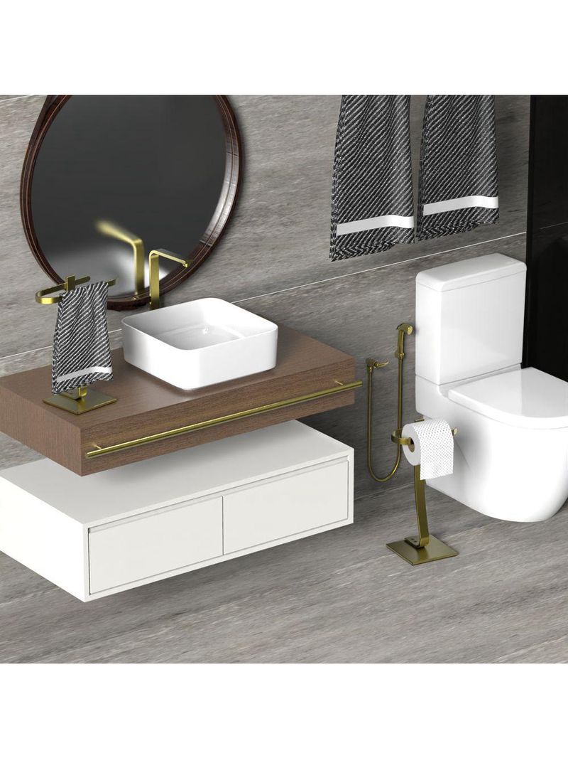 Porta Papel Higiênico De Chão E Toalha Lavabo Dourados