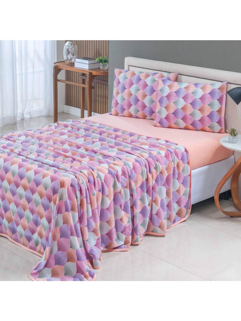 Jogo cama lençol sonnet casal padrão malha estampada 100% algodão 4 peças - mosaico - salmão