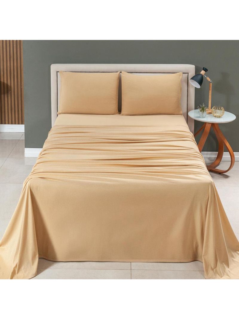 Jogo cama lençol sonnet casal padrão malha lisa 100% algodão macio 4 peças - mostarda