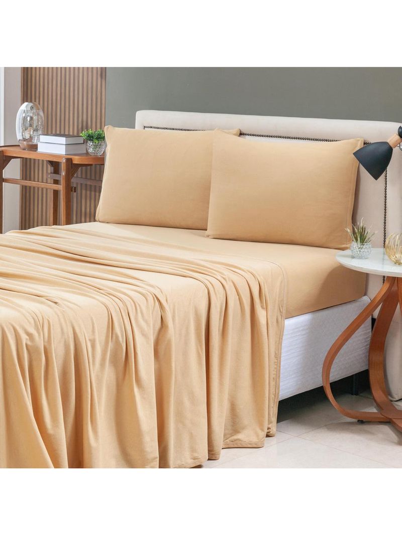 Jogo cama lençol sonnet casal padrão malha lisa 100% algodão macio 4 peças - mostarda
